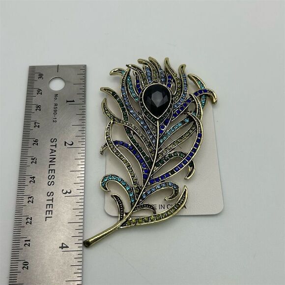 Vibrant Purple, Blue & Green Peacock Feather Rhinestone Large Statement Brooch - Picture 9 of 11